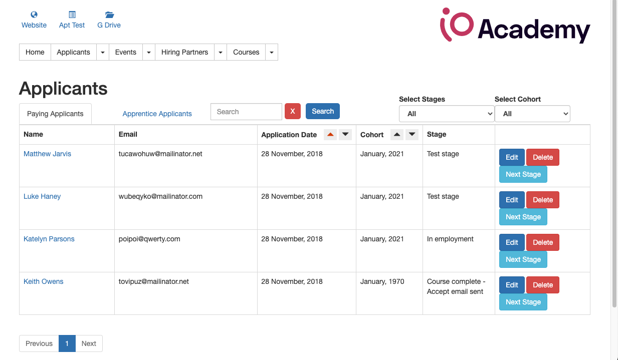 Screenshot of the accadamy portal